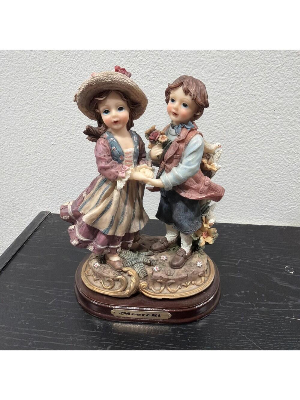 Meerchi Figurine Vintage Boy Girl Dove Flowers Resin 1980 Statue 7.5''